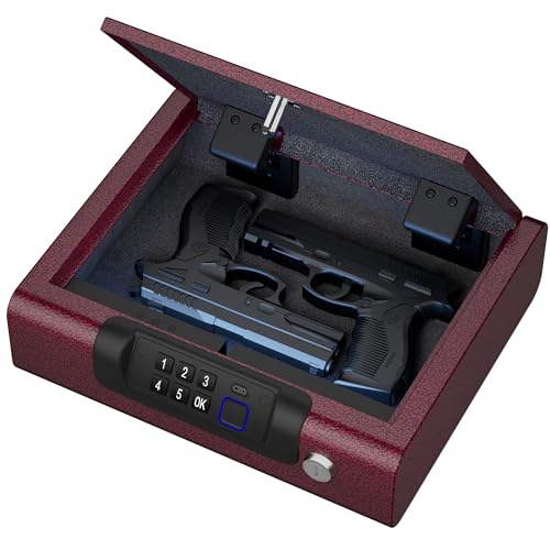 BILLCONCH Gun Safe,Biometric Gun Safe for Pistols 3-Ways unlock Fingerprint Digital PIN Key Unlock with Voice,Lock box for Cloakroom living room Bedroom Nightstand and Car - Burgundy Red - color: Burgundy Red, size: 8.6"x 10"