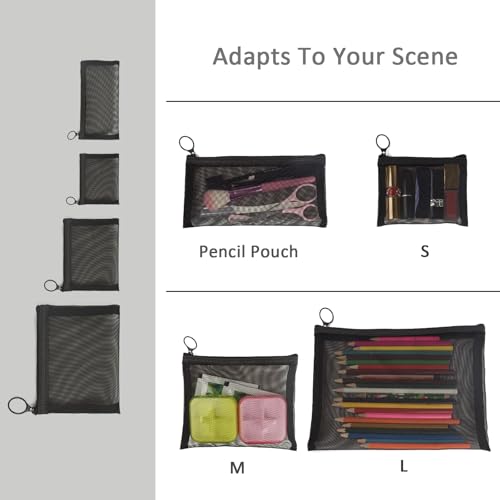 Patu Zipper Mesh Bags, Pack of 4 (S/M/L & Long Pouch), Beauty Makeup Cosmetic Accessories Organizer, Travel Toiletry Kit Set Storage Case, Black - size: 4 Piece Set