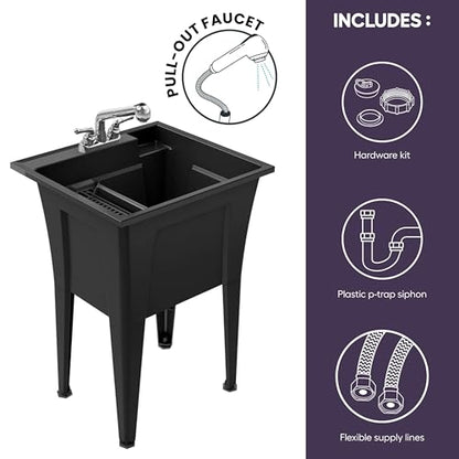 Freestanding Utility Sink with Two Handle Chrome Faucet - 24" Plastic Utility Sink for Garage, Laundry, Indoor and Oudoor Use - Laundry Tub Kit by Noah William Home - Black (19.5 gal) - color: Black - Two handle chrome faucet