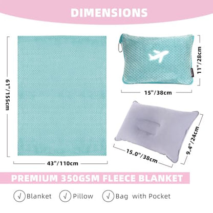 3 in 1 Travel Blanket Pillow Set - 350 GSM Thick Travel Blanket Airplane Compact with Bag, Soft Bag with a Pocket, Inflatable Travel Pillow for Camping & Car Trip(Mint Green) - color: Mint Green