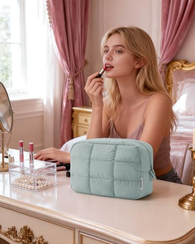Narwey Puffer Travel Makeup Bag for Women Girl, Quilted Puffy Cosmetic Bag Make Up Bag Organizer, Cute Travel Toiletry Bag for Toiletries (Sage Green) - color: Sage Green