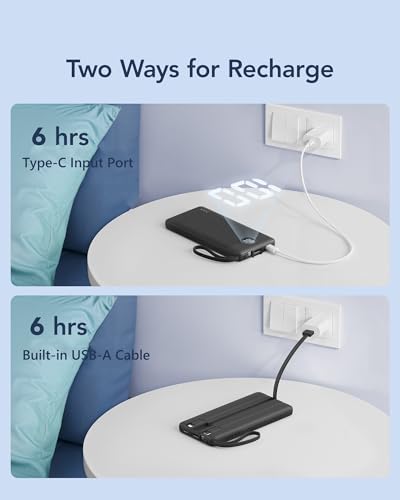 VRURC Portable Charger, Built-in 4 Cables Slim Power Bank 10000mAh, USB C Charging Bank with LED Display, Compact Travel Battery Pack with 5 Outputs for Multi Devices, Android-Black(1 Pack) - color: Black