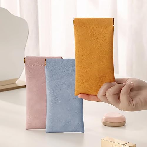 3 Pack Leather Eyeglasses Cases PU Soft Sunglasses Pouch Squeeze Top Portable Glasses Cases for Men Women - color: Pink Yellow Blue