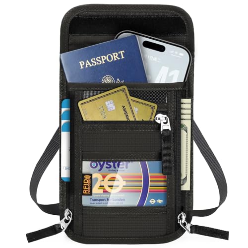 Travel Neck Wallet with RFID Blocking & Passport Holder - Large Capacity Hidden Pouch for Phone, Cash, Cards, ID | Slim Fit, Anti-Theft Organizer for Airports, Sightseeing - color: Black