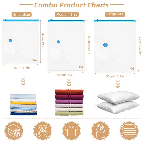 Travel Vacuum Bags with Rechargeable Pump,12 Pack Vacuum Storage Seal Bags for Clothing Suitcase Backpack, Space Saver Compression Clothes Storage Bag (12 Combo+ Electric Pump) - style: 12 Combo+Electric Pump A