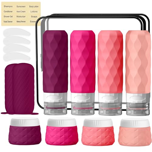 16Pack Travel Bottles for Toiletries, TSA Approved Travel Size Toiletries Containers Set, Silicone Leak Proof Refillable Bottles Elastic Sleeves Creams Jars Accessories Kit W/Clear Bag (Purplish Red) - color: Purplish Red
