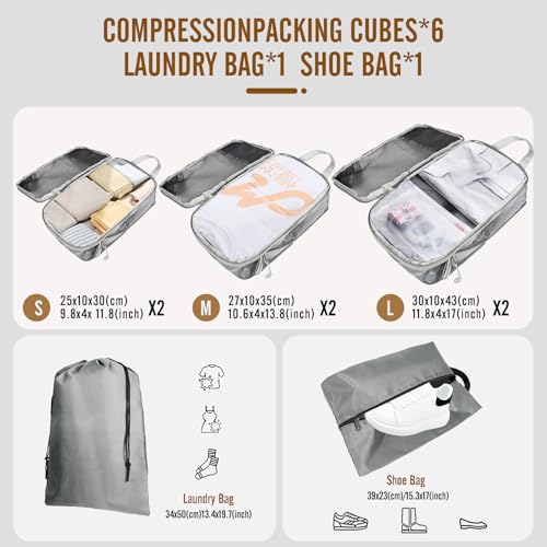 8 Set Compression Packing Cubes for Travel, Expandable Luggage Organizer with Shoe Bag & Laundry Bag - Lightweight Suitcase & Backpack Travel Essentials (Gray) - color: Gray