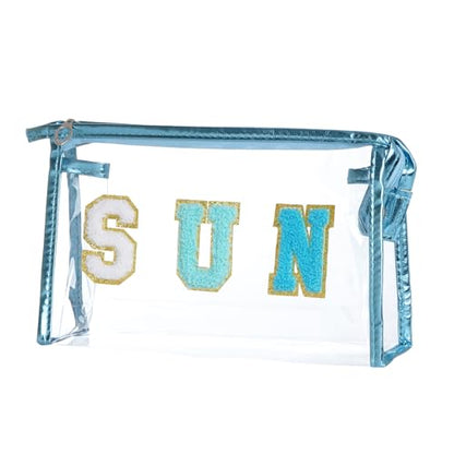 Clear Preppy Patch Cosmetic Bag, Sun Chenille Letter Bag for Beach, Clear Travel Pouch with Zipper, Small Toiletry Bag for Women Girls Teens Gift (Blue) - color: Blue