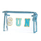 Clear Preppy Patch Cosmetic Bag, Sun Chenille Letter Bag for Beach, Clear Travel Pouch with Zipper, Small Toiletry Bag for Women Girls Teens Gift (Blue) - color: Blue