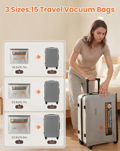 Vacuum Bags for Clothing Travel with Rechargeable Electric Pump, 15 Pack Compression Vacuuum Storage Bags for Luggage and Seasonal Storage, Space Saver Seal Bags for Cruise and Vacation - size: 15 Pack Travel Size