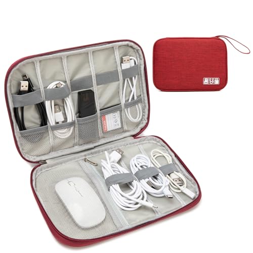 Electronics Organizer Travel Case - Water-Resistant Tech Bag for Cables, Chargers & Cord Management - Small Portable Pouch for Travel Accessories, Gear Bag for Airplane & Business - color: red
