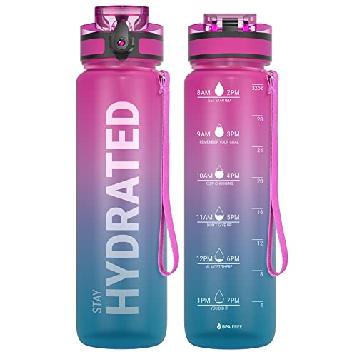 Sahara Sailor Water Bottle, 32/25/17oz Durable and Leakproof Water Bottles Motivational with Time Marker, Tritan, BPA Free, Wide Mouth with Easy Clean Brush for Gym, Travel, School, Office (1 Bottle) - color: Aurora Borealis, size: 33.8 Ounces