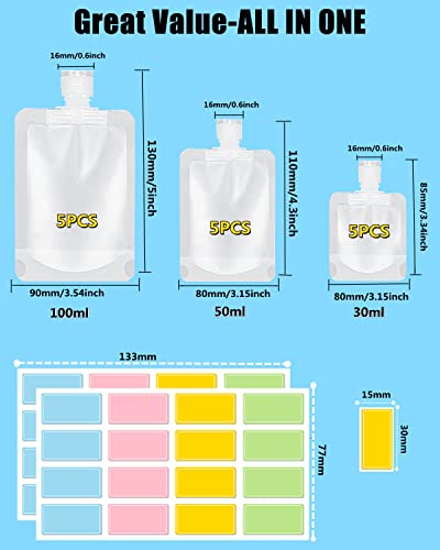 SEQUHITKU 17 Pack Travel Pouches for Toiletries,TSA Approved,Travel Size Portable Containers,Stand Up Pouch,Refillable Travel Accessories for Shampoo Conditioner Lotion Soap Liquids (B-17pcs) - size: B-17pcs