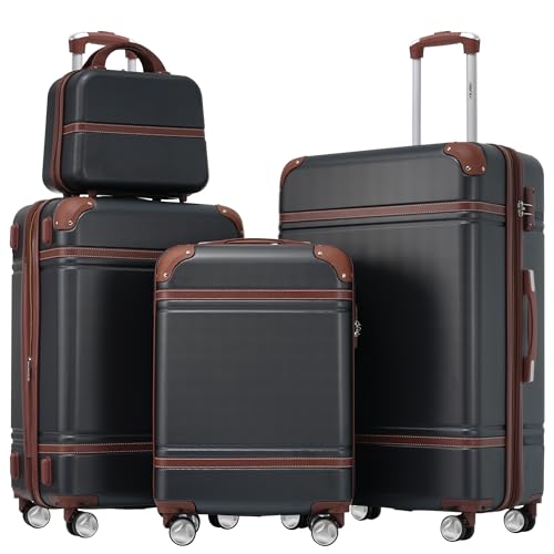 Merax Luggage Set 3 Piece Suitcase Set with Cosmetic Case Expandable Spinner Wheels Vintage Luggage Sets(Black,20"+24"+28") - color: Black, size: 4 Piece-20+24+28+case