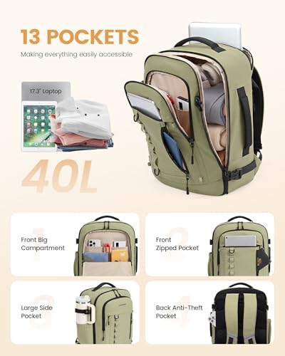LOVEVOOK 40L Travel Backpack for Men Women, Waterproof Carry On Backpack for Work & Travel, Flight Approved Personal Item with 3 Packing Cubes, TSA Bag Fits 17.3" Laptop,Light pink - color: Light Pink, size: Large-40L-4Pcs