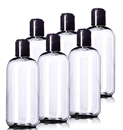 8oz Plastic Bottles (6 Pack) BPA-Free Squeeze Clear Toiletries and Shampoo Containers with Disc Cap, Labels Included for Travel - color: Clear