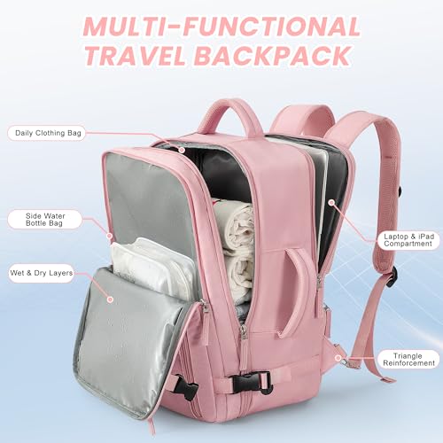 Beraliy Travel Backpack for Women, Airline Approved Bag, Carry On Waterproof Hiking Backpack, 16 inch Laptop Backpack, Overnight Bag, Pink - color: Pink, size: Large