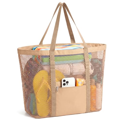 Dntorx Women's Mesh Beach Bag, Stylish Beach Tote for Swimming, Travel & Vacation Essentials, Lightweight Design for Poolside - color: Khaki