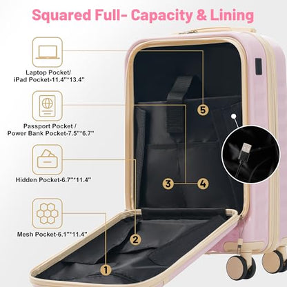 Merax Luggage Sets Front Opening, 2 Piece Hardshell Suitcase with Spinner Wheels and Bags,Lightweight Carry on Luggage with USB Port,20+24,Pink - color: Pink, size: 2 Piece(20+24+Bag）