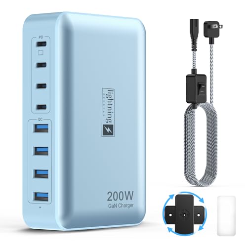 8-Port Multi Charging Stations 200W with Flat Plug, Braided Power Cord, and On/Off Switch- USB Charging Hub for iPhone, iPad, MacBook and More- 65W C Port Power Adapter for Laptops - color: 200W Charger Blue