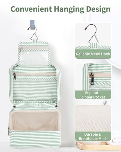 Narwey Small Hanging Travel Toiletry Bag for Women, Travel Bag for Toiletries, Makeup Bag Organizer Cosmetic Bags Make Up Bags for Girls - color: ZB-Mint Green Stripe