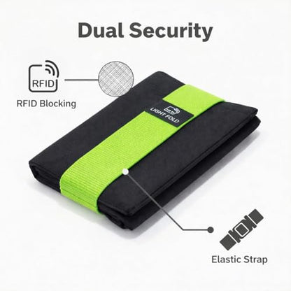 LIGHT FOLD Ultra Slim Tri-Fold Wallet with RFID Blocking, Lightweight Minimalist Men’s Wallet with Elastic Band, Waterproof Durable Nylon Fabric, Slim Front Pocket Card Holder Fits 12 Cards & Cash - color: Green