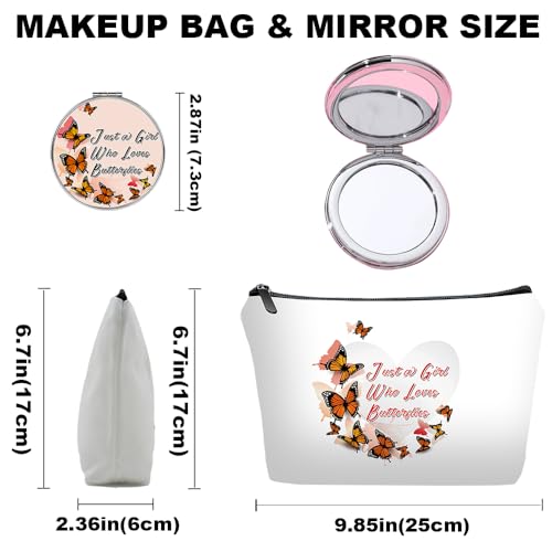 Romantic Butterfly Heart Makeup Bag Set Gift with Mirror, Cute Butterflies Around Heart Cosmetic Pouch for Women, Sweet Love Print Zipper Clutch for Girlfriend Valentine's Day Gift - color: Butterflies Love heart-white-2S