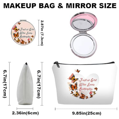 Romantic Butterfly Heart Makeup Bag Set Gift with Mirror, Cute Butterflies Around Heart Cosmetic Pouch for Women, Sweet Love Print Zipper Clutch for Girlfriend Valentine's Day Gift - color: Butterflies Love heart-white-2S