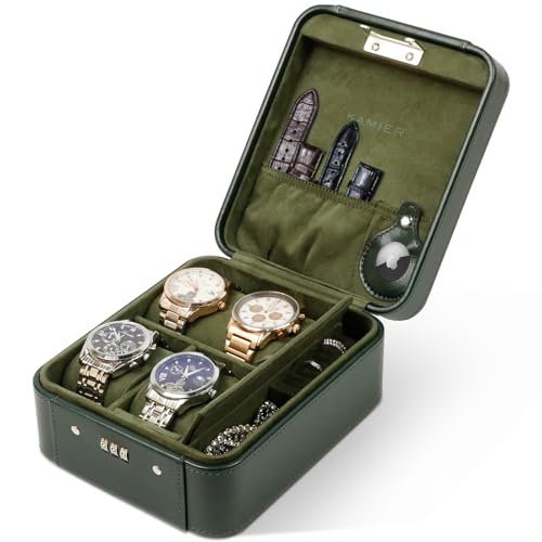 KAMIER Watch Case with Combination Lock - 4 Watch Storage and Jewelry Organizer - Watch Travel Case for Ring and Watch Storage, PU Leather Travel Watch Case, Ideal for Gift (With Gift Box), Green - color: Green