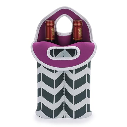 Hipiwe Wine Carrier Tote Bag for 2 Bottles - Neoprene Wine Bottle Holder with Carry Handle, Wine Protective Bag Insulated Bag Beer Cans Water Bottle Holder for Travel Picnic - style: Black and White Stripes +Purple