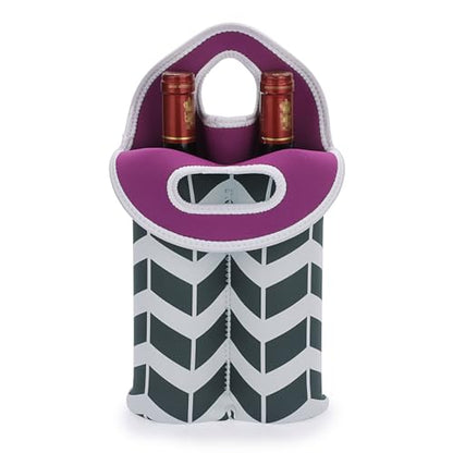 Hipiwe Wine Carrier Tote Bag for 2 Bottles - Neoprene Wine Bottle Holder with Carry Handle, Wine Protective Bag Insulated Bag Beer Cans Water Bottle Holder for Travel Picnic - style: Black and White Stripes +Purple