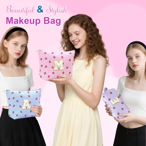 Personalized Initial Makeup Bag,Strawberry Print Preppy Cosmetic Toiletry Travel Bag,Trendy Letter Makeup Pouch for Teen Girls and Women,Holiday & Birthday Gift,2 Pack (G, Pink Strawberry) - style: G
