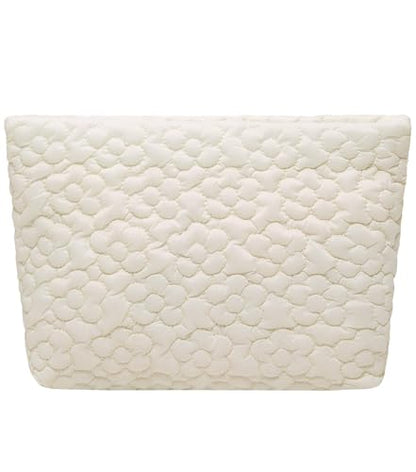 Puffy Quilted Makeup Bag, Cosmetic Bag, Travel Toiletry Organizer Pouch, Clutch for Wom (White Flower) - color: White Flower