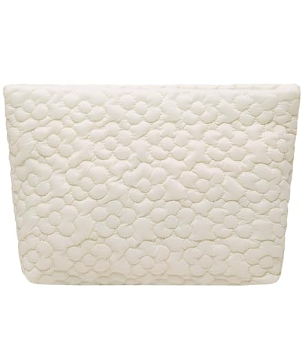 Puffy Quilted Makeup Bag, Cosmetic Bag, Travel Toiletry Organizer Pouch, Clutch for Wom (White Flower) - color: White Flower