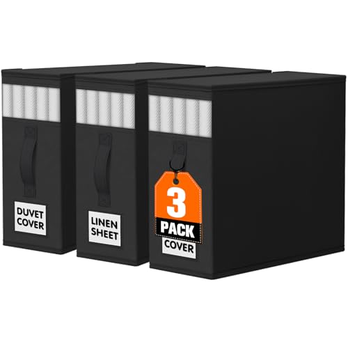 WOWBOX Sheet Organizers and Storage,Closet Bed Sheet Organizer Under Bed Storage and Organization with Label Cards & Clear Window for Bedding Sheets,Duvet Covers,Blankets (3 Pack，Black) - color: Black, size: 3 Pack