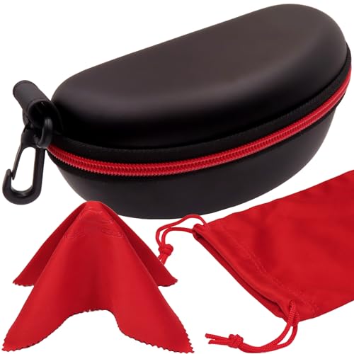 MyEyeglassCase Sports Sunglasses Case and Slim wallet Semi hard large glasses case w/belt clip soft pouch & cloth - color: B701 XL Black/Red