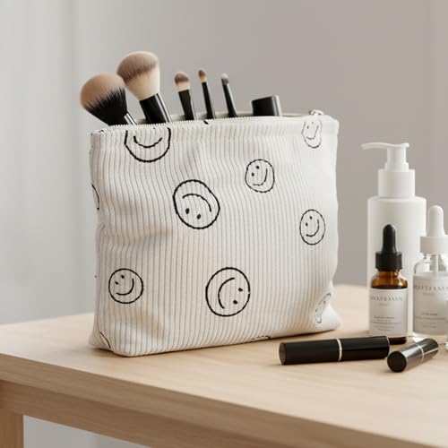 Corduroy Makeup Bag - Smiley Face Cosmetic Bags for Women, Large Skincare Travel Must Have Items, Cute Pouch Organizer and Toiletry Bag for Purse (Beige) - color: Beige