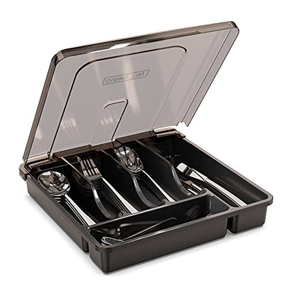 Utensil Holder for Countertop with Lid, Plastic Silverware Tray for Drawer, 5 Compartments Flatware Organizer, Black - color: Black