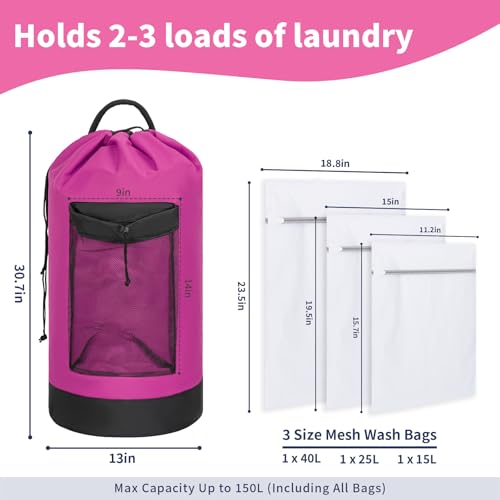 150L Laundry Bag Backpack with 3 Sizes Mesh Wash Bags and Shoulder Straps Foldable Clothes Hamper Bag with Drawstring Closure for College, Apartment, Laundromat(Pink) - color: Hot Pink