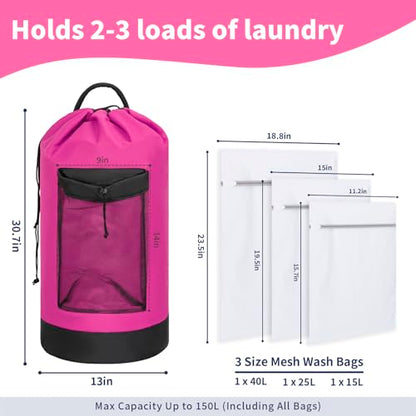 150L Laundry Bag Backpack with 3 Sizes Mesh Wash Bags and Shoulder Straps Foldable Clothes Hamper Bag with Drawstring Closure for College, Apartment, Laundromat(Pink) - color: Hot Pink