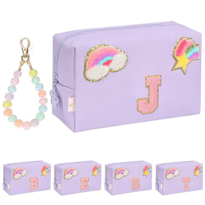Initial Makeup Bag for Girls, Cute Makeup Bag Small Cosmetic Bag Travel Make Up Organizer Pouch, Birthday Gifts for Girls 4 5 6 7 8 9 10 11 12 13 14 15 Years Old, Teen Girls Gifts Trendy Stuff - color: Purple + Bracelet, style: J