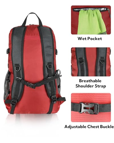 WATERFLY Lightweight Packable Hiking Backpack: 30L Foldable Travel Daypack Ultralight Camping Day Pack for Woman Man - color: Red