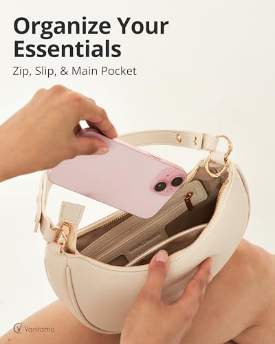 Vantamo Crescent Bags For Women with RFID Protection, Half Moon Clutch Purses for Women with Anti-Theft Clip for Extra Safety - color: Off-white