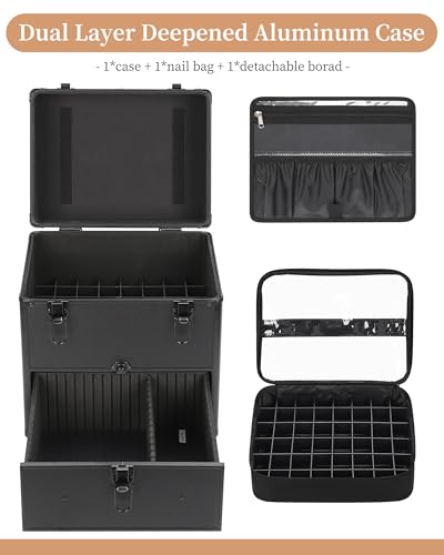 Professional Nail Polish Organizer & Storage Case, Double Layer Travel Nail Supplies Container Holds 96 Bottles & Full Size Nail Lamp, Multi-functional Aluminum Box for Nail Tech, Tattoo & Makeup