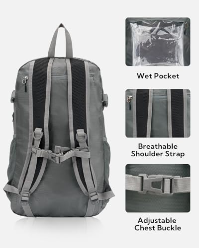 WATERFLY Lightweight Packable Hiking Backpack: 30L Foldable Travel Daypack Ultralight Camping Day Pack for Woman Man Grey - color: Grey