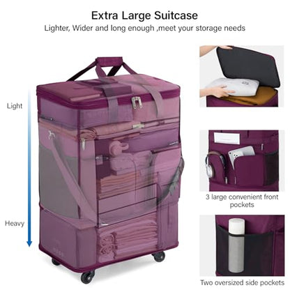 Hanke Expandable Large Suitcase 4 Wheels Lightweight Collapsible,Foldable Suitcases &Travel Bags Hand Luggage Extend 20/24/28 inch Suitcases Duffel Bag Without Telescopic Handle for Men & Women - color: Purple Upgrade Version 2