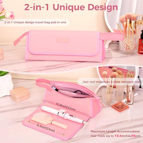 JKAOO Hair Tools Travel Bag and Heat Resistant Mat, 2 in 1 Portable Organizer Hair Travel Case for Curling Iron, Hair Straightener, Flat Irons, PU Hangable Handle, Neoprene (Sweet Pink) - color: Sweet Pink