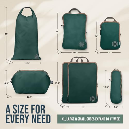 Large Compression Packing Cubes for Travel-Packing Cube Luggage Organizers 7 Piece Set for Checked Luggage-Ultralight, Expandable/Compression Bags by TRIPPED Travel Gear (Green and Brown) - color: Green and Brown