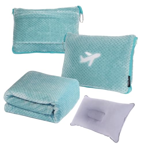 3 in 1 Travel Blanket Pillow Set - 350 GSM Thick Travel Blanket Airplane Compact with Bag, Soft Bag with a Pocket, Inflatable Travel Pillow for Camping & Car Trip(Mint Green) - color: Mint Green