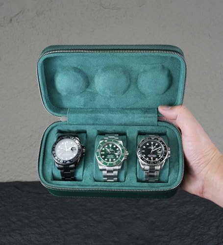 3 Watch Travel box Real Top-grain Leather, Three Watches Storage Organizer Roll Case for Man and Women, Watch Packing Box with Suede to Protection Zipper Fit All Watches Up to 60mm (3W-Z-GR) - color: 3W-Z-GRR